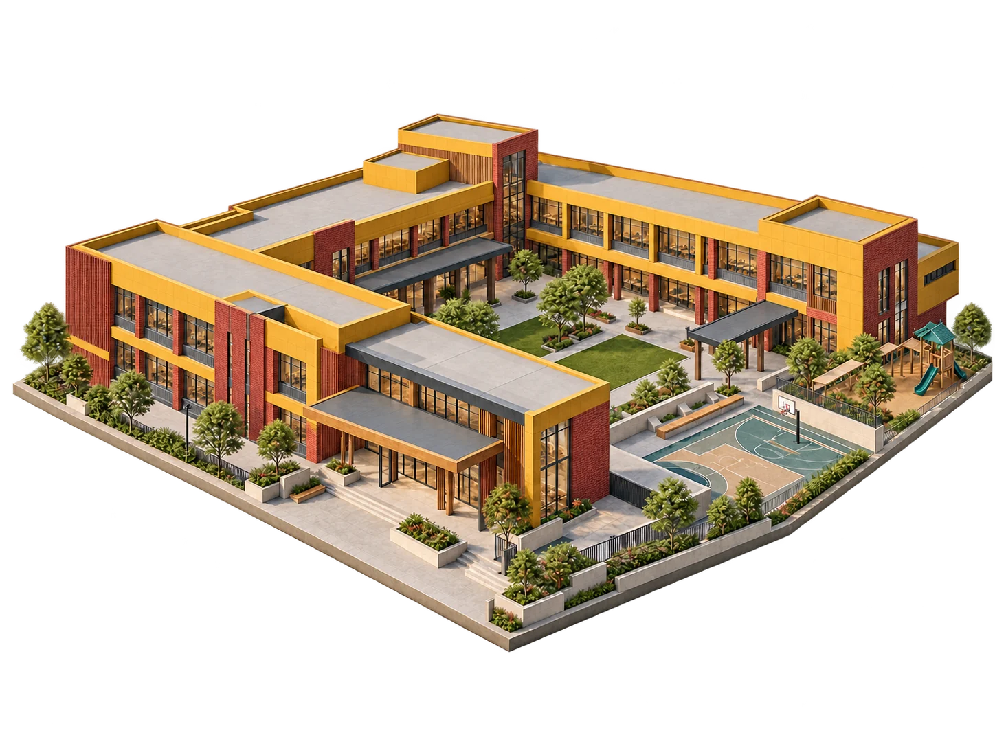 Floating 3D architectural concept of a school campus with a courtyard